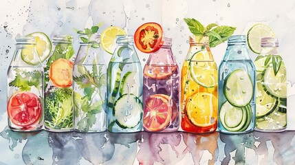 Elegant watercolor of a detox beverage display, including sleek bottles filled with infused waters and vegetable blends for health and wellness