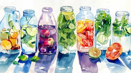 Elegant watercolor of a detox beverage display, including sleek bottles filled with infused waters and vegetable blends for health and wellness - obrazy, fototapety, plakaty