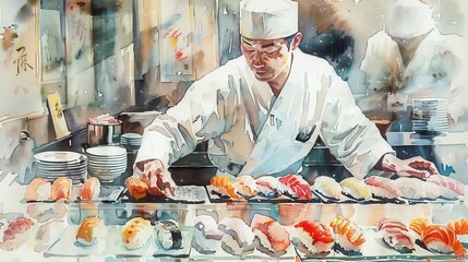 Elegant watercolor of a Japanese sushi counter, the chef's precise movements mirrored by the clean, delicate brush strokes - obrazy, fototapety, plakaty