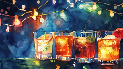 Elegant watercolor of a nighttime outdoor party scene with glasses of sparkling flavored water, glowing under string lights - obrazy, fototapety, plakaty
