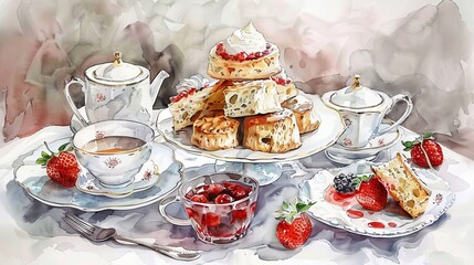 Elegant watercolor portrayal of a high tea setup with scones, clotted cream, and strawberry jam, exuding British elegance - obrazy, fototapety, plakaty