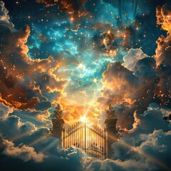 A heavenly gate opening in the sky with clouds. Generate AI image