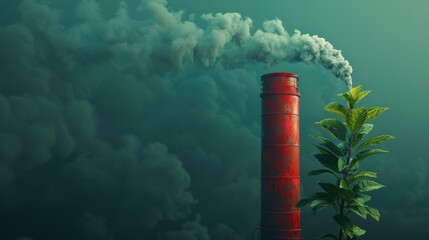 A resilient green plant thrives amid industrial chimney emissions. Reducing carbon through thought-provoking imagery. - obrazy, fototapety, plakaty