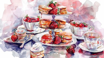 Elegant watercolor portrayal of a high tea setup with scones, clotted cream, and strawberry jam, exuding British elegance - obrazy, fototapety, plakaty