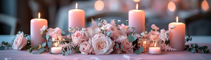 Obraz premium Elegant wedding table setting with pink candles and floral arrangement