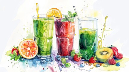 Energizing watercolor of a fitness drink setup, featuring a blend of protein shakes and natural green juices after a workout - obrazy, fototapety, plakaty