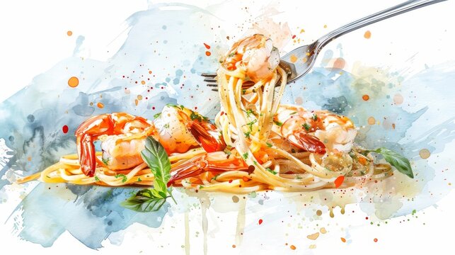 Elegant watercolor scene of decadent seafood pasta, with shrimp and scallops, creamy sauce artistically dripping off a silver fork