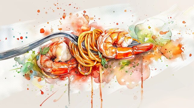 Elegant watercolor scene of decadent seafood pasta, with shrimp and scallops, creamy sauce artistically dripping off a silver fork
