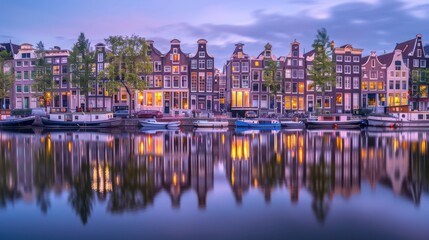 Fototapeta premium View of European houses on the riverbank with reflections in the calm river water at night.