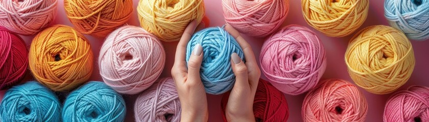 Hands presenting a selection of brightly colored yarn balls, symbolizing creativity