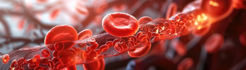 High cholesterol depicted in a blood vessel with red blood cells