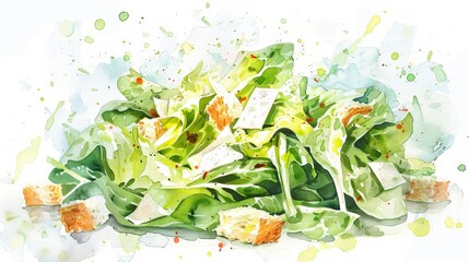 Fresh Caesar salad with crispy romaine, parmesan shavings, and crunchy croutons, painted in a flowing watercolor style, inviting and delicious - obrazy, fototapety, plakaty