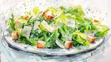 Fresh Caesar salad with crispy romaine, parmesan shavings, and crunchy croutons, painted in a flowing watercolor style, inviting and delicious - obrazy, fototapety, plakaty