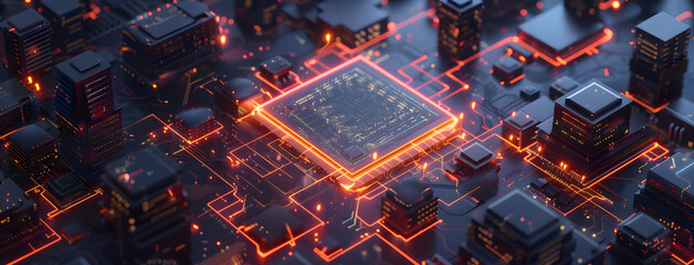Isometric view of futuristic computer chip with glowing circuitry surrounded by digital data stream buildings