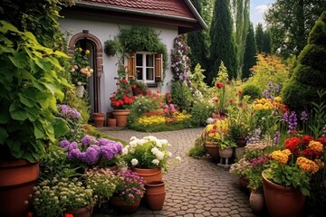 Fototapeta na wymiar Gardener backyard flower house.