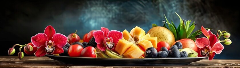 Lush tropical fruit platter adorned with orchids