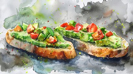 Rustic watercolor scene of an open-faced avocado toast on sourdough, bright green and red hues for a fresh, healthy appeal - obrazy, fototapety, plakaty