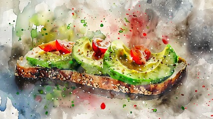 Rustic watercolor scene of an open-faced avocado toast on sourdough, bright green and red hues for a fresh, healthy appeal - obrazy, fototapety, plakaty
