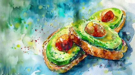 Rustic watercolor scene of an open-faced avocado toast on sourdough, bright green and red hues for a fresh, healthy appeal