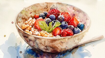 Serene watercolor of a breakfast bowl filled with oatmeal, nuts, and berries, the soft textures and calming colors inviting a healthy start - obrazy, fototapety, plakaty