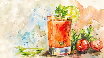 Serene watercolor of a single serving of Gazpacho garnished with fresh herbs, placed against a backdrop of Mediterranean decor - obrazy, fototapety, plakaty