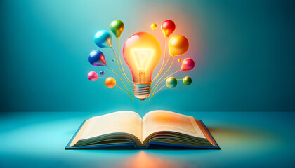 bright colors to vividly depict the theme of inspiration with a glowing light bulb and an open book.