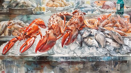 Serene watercolor of a seafood market scene, with fresh fish and shellfish on ice, capturing the hustle and lively atmosphere - obrazy, fototapety, plakaty