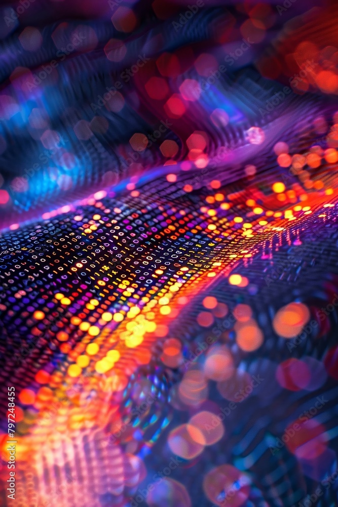 Poster Picture a mesmerizing close-up shot of a computer programmer's screen, with a cascade of code forming an intricate design at the center of the frame.