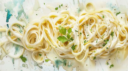 Lush depiction of fettuccine Alfredo in watercolor, creamy sauce clinging to each noodle, garnished with fresh parsley - obrazy, fototapety, plakaty