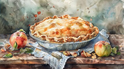 Luscious watercolor scene of an apple pie with a golden crust, served on a rustic table, emphasizing the flaky texture and aromatic filling - obrazy, fototapety, plakaty