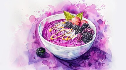 Lush watercolor of a dragon fruit smoothie bowl with blackberries, coconut flakes, and a drizzle of almond butter, full of tropical hues - obrazy, fototapety, plakaty