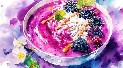 Lush watercolor of a dragon fruit smoothie bowl with blackberries, coconut flakes, and a drizzle of almond butter, full of tropical hues - obrazy, fototapety, plakaty