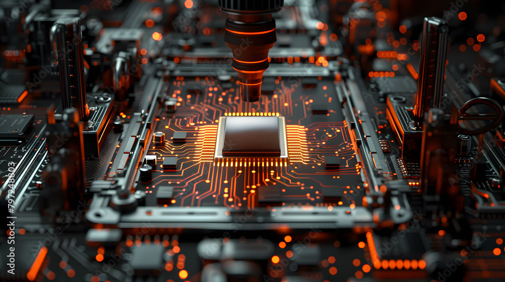 Poster a computer chip production line, technologically advanced perspective of the production process.