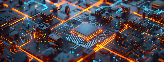 Futuristic isometric computer chip with glowing circuitry amidst digital data stream buildings