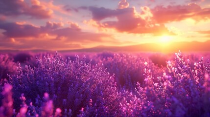 A beautiful field of lavender is illuminated by the gentle light of the morning sun, bringing a sense of tranquility and peace. AI created.