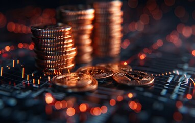 Graph and coins illustrate business growth, while soft lighting and deep colors create a vibrant...