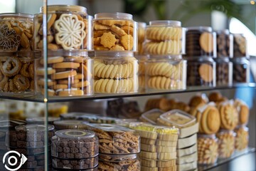 Eid hampers filled with various kinds of cookies in plastic jars. beautifully packaged with the feel of an Eid al-Fitr theme - generative ai