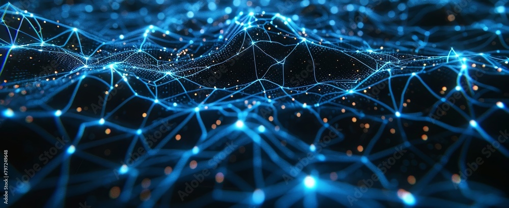 Poster an advanced ai system in a futuristic model, featuring intricate neon patterns and designs against a