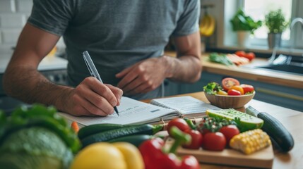 Man writing down his healthy eating plant on paper. Generate AI image