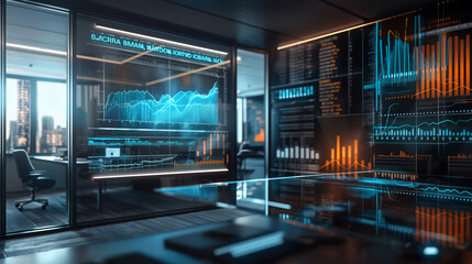 business data statistics virtual hologram display in modern office, business sales growth stats, business data analysis 