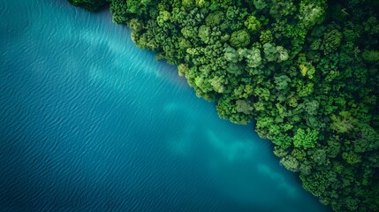 Aerial view of a forest and lake, with green trees on the left side of the frame, blue water in the right. For Design, Background, Cover, Poster, Banner, PPT, KV design, Wallpaper
