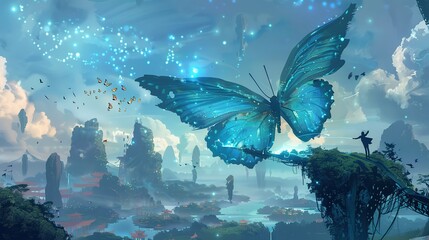 A dream of flying on the back of a giant, luminous butterfly over a landscape of floating islands