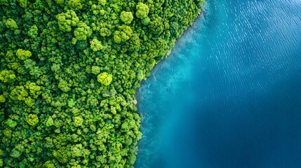 Aerial view of a forest and lake, with green trees on the left side of the frame, blue water in the right. For Design, Background, Cover, Poster, Banner, PPT, KV design, Wallpaper