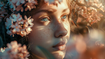 Portrait of a girl in apple trees at sunset or dawn. An atmospheric portrait in flowering trees. - obrazy, fototapety, plakaty