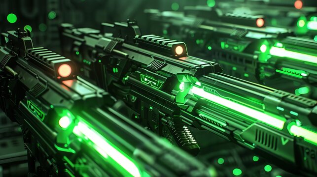 alien industrial heavy metal laser guns with glowing green screen background 3d illustration