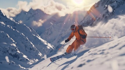 A professional skier in a orange suit. Generate AI image
