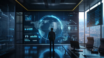 business man looking at business data statistics virtual hologram display in modern office, business sales growth stats, business data analysis 