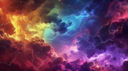 colorful lightning bolts spreading across rainbowhued clouds dramatic sky digital art