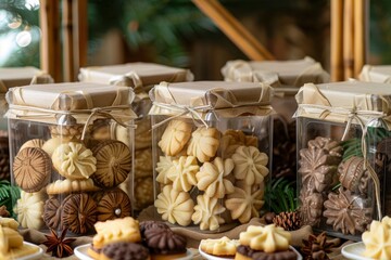 Eid hampers filled with various kinds of cookies in plastic jars. beautifully packaged with the feel of an Eid al-Fitr theme - generative ai