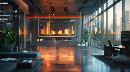 business data statistics virtual hologram display in modern office, business sales growth stats, business data analysis